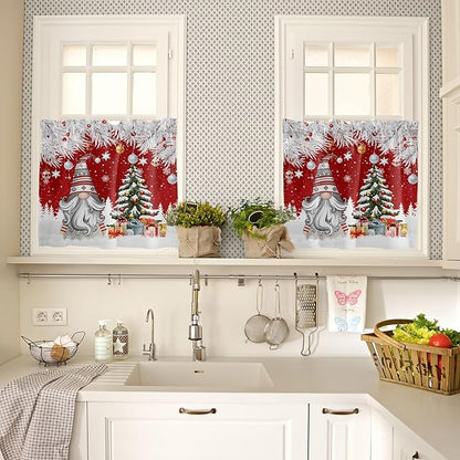 Vandarllin Christmas Gnome Kitchen Curtains and Valances Set, Winter Merry Christmas Tree Balls Windows Treatments Tiers Half/Short Curtains for Small Windows Cafe/Living Room/Bedroom 54x24 in Red