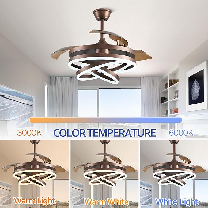 42" Retractable Ceiling Fan with Lights & Remote - Silent DC Motor Modern Ceiling Fan - 6 Speed LED Fan for Bedroom Living Room Kitchen