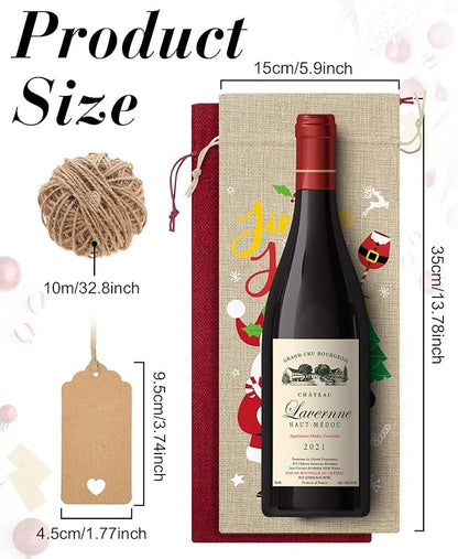 12Pcs Burlap Wine Bags Christmas Wine Gift Bags for Wine Bottles Gifts, Christmas Wine Bottle Bags with Drawstring Holiday Wine Bags, Christmas Wine Bottle Covers for Xmas New Year Holiday Party Decor