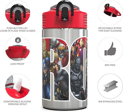 Zak Designs Marvel Universe - Stainless Steel Water Bottle with One Hand Operation Action Lid and Built-in Carrying Loop, Kids Water Bottle with Straw Spout is Perfect for Kids (15.5 oz, BPA Free)