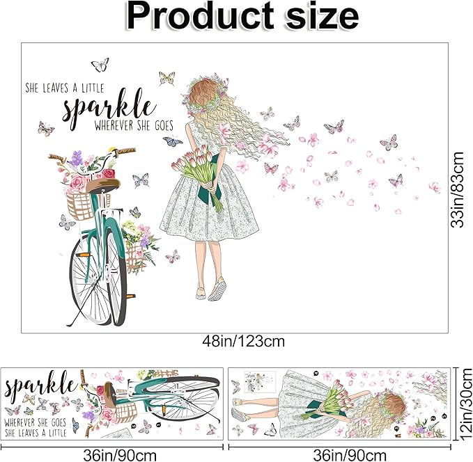 Bike Girl Wall Stickers Flower and Butterfly Wall Art Decal DIY Peel and Stick Motivational Quotes Wall Sticker for Home Decor Living Room TV Sofa Background Bathroom Girls Kids Bedroom Office Kitchen (B)