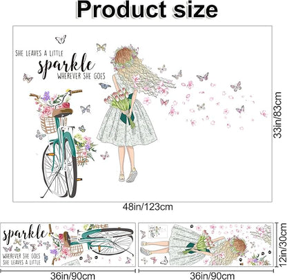 Bike Girl Wall Stickers Flower and Butterfly Wall Art Decal DIY Peel and Stick Motivational Quotes Wall Sticker for Home Decor Living Room TV Sofa Background Bathroom Girls Kids Bedroom Office Kitchen (B)