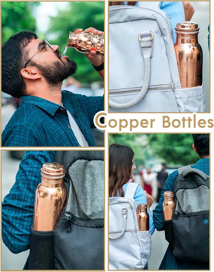 Copper Water Bottle With 2 Water Glasses - Copper Bottle for Drinking Water - 100% Copper Water Bottle - Home Essentials for New Home - Ayurvedic Pure Copper Vessel for Drinking Healthy Water