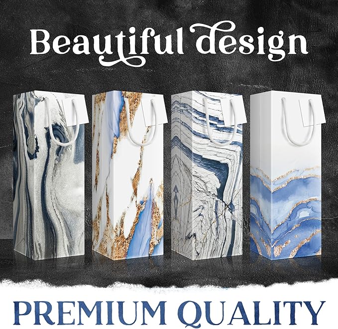 12 PC Bottle Bags for Gifts, Upscale Marble Design Wine & Bottle Bags, Heavy Duty Tall Wine Bag, Bottle Bags for Wine, Wine Gift Bag, Bottle Gift Bags for Wine, Wine Bags, Wine Gift Bags