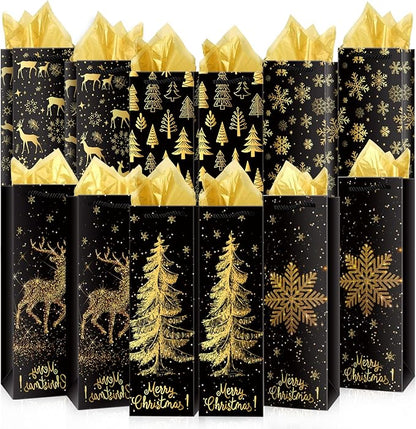 Whaline 12Pcs Christmas Wine Bottle Gift Bags with Gold Tissue Paper Black Gold Xmas Tree Elk Snowflake Bottle Bag with Handle Paper Wine Bag for Winter Party Favor Hostess Gift Home Table Decor