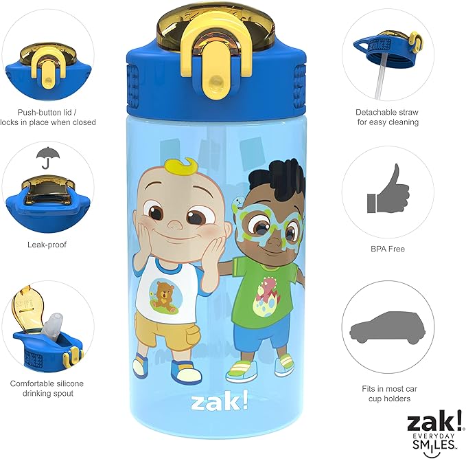 Zak Designs CoComelon Kids Water Bottle with Spout Cover and Built-In Carrying Loop, Made of Durable Plastic, Leak-Proof Water Bottle Design for Travel (16 oz, Pack of 2)