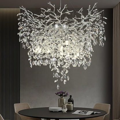 40 inch Crystal Chandelier for Dining Room, Round Silver Tree Branches Chandeliers, Top K9 Crystal Chandelier, Modern Chandeliers for Kitchen,Foyer Entryway,Luxury Adjustable Hanging Chandelier