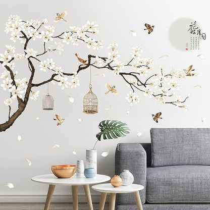 Chinese Style White Flowers Black Tree and Flying Birds Wall Stickers Removable DIY Wall Art Decor Decals Murals for Offices Home Walls Bedroom Study Room Wall Decaoration, 50inchx74inch