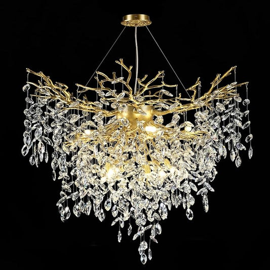 40 inch Crystal Chandelier for Dining Room, Round Gold Tree Branches Chandeliers, Top K9 Crystal Chandelier, Modern Chandeliers for Kitchen,Foyer Entryway,Luxury Adjustable Hanging Chandelier