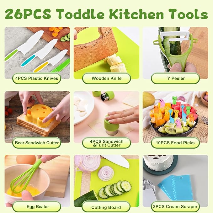 26PCS Kids Knives for Real Cooking, Wooden Kids Kitchen Knife Set Include 4 Serrated Edges Plastic Toddler Knives, Cutting Board, Y Peeler, Egg Beater, Toddler Food Picks and Cream Scraper