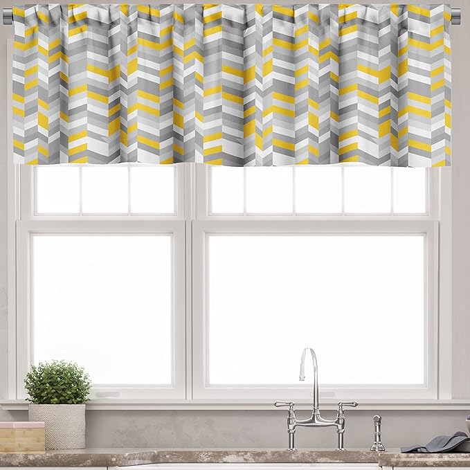 Ambesonne Grey and Yellow Valance & Tier Curtain 3 pcs Set, Geometric Vintage 60s Home Pattern Inspired Herringbone Zig Zag Lines, Window Treatments for Kitchen Room Decor, 55" x 24", Yellow Grey