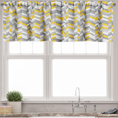 Ambesonne Grey and Yellow Valance & Tier Curtain 3 pcs Set, Geometric Vintage 60s Home Pattern Inspired Herringbone Zig Zag Lines, Window Treatments for Kitchen Room Decor, 55" x 24", Yellow Grey