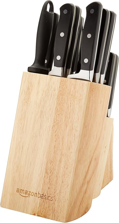 Amazon Basics 18-Piece Premium Kitchen High-Carbon Stainless Steel Blades with Pine Wood Knife Block Set, Black