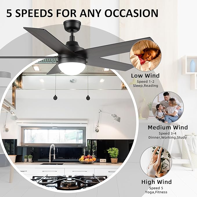 52 Inch Black Pull Chain Ceiling Fan with 2 in 1 Reversible Blade, 3-color LED Light, 5 Speeds Quiet Reversible DC Motor, 5 Plywood Blades Modern Ceiling Fan for Living Room, Bedroom, Kitchen