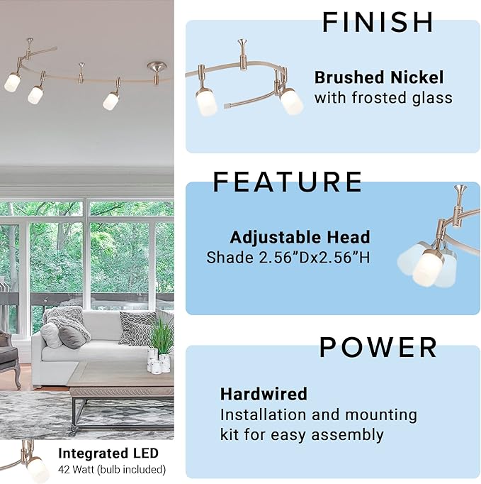 Catalina Lighting 96" 6-Light Integrated LED Flex Track Spotlight Ceiling Light, Brushed Nickel, for Kitchen, Living Room, Home Lighting