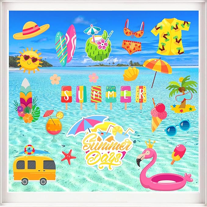 8 Sheets Summer Beach Window Clings Hawaiian Themed Static Window Stickers Refrigerator Glass Stickers Party Decorations Add Joy to The Season and Home Decoration