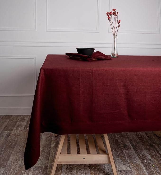 D'Moksha Homes Linen Tablecloth 60 x 120 Inch - 100% Pure Linen Dark Red Tablecloth - Machine Washable Dining Tablecloth for Rectangle Tables