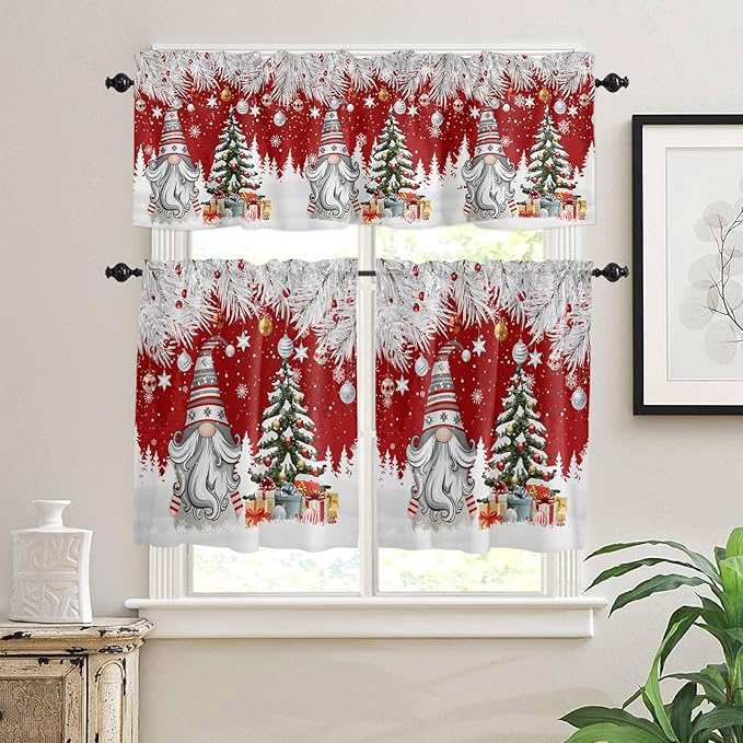 Vandarllin Christmas Gnome Kitchen Curtains and Valances Set, Winter Merry Christmas Tree Balls Windows Treatments Tiers Half/Short Curtains for Small Windows Cafe/Living Room/Bedroom 54x24 in Red