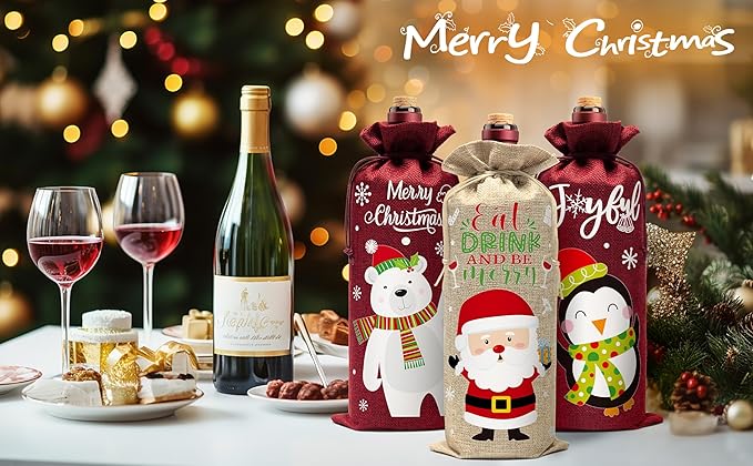 12Pcs Burlap Wine Bags Christmas Wine Gift Bags for Wine Bottles Gifts, Christmas Wine Bottle Bags with Drawstring Holiday Wine Bags, Christmas Wine Bottle Covers for Xmas New Year Holiday Party Decor