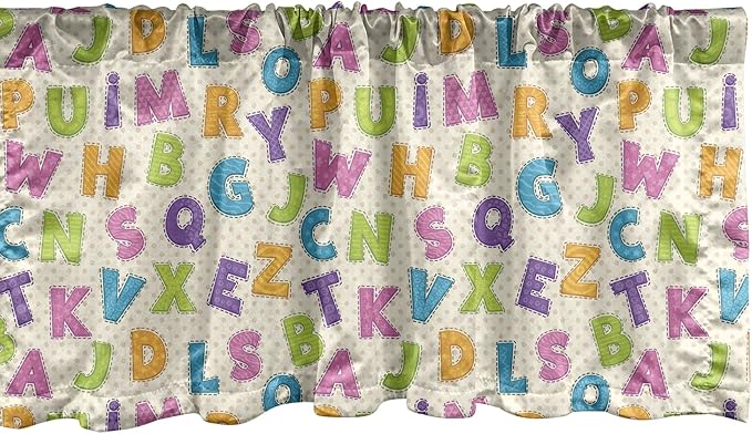 Ambesonne ABC Window Valance, Funny Letters in Lively Colors Cartoon Style ABC Alphabet on Polka Dots Backdrop, Curtain Valance for Kitchen Bedroom Decor with Rod Pocket, 54" X 12", Cream Green