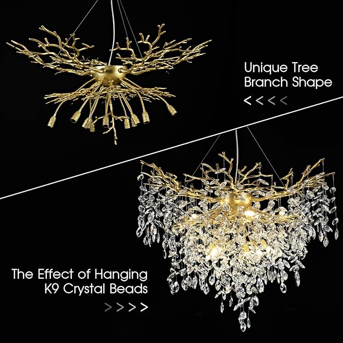 40 inch Crystal Chandelier for Dining Room, Round Gold Tree Branches Chandeliers, Top K9 Crystal Chandelier, Modern Chandeliers for Kitchen,Foyer Entryway,Luxury Adjustable Hanging Chandelier