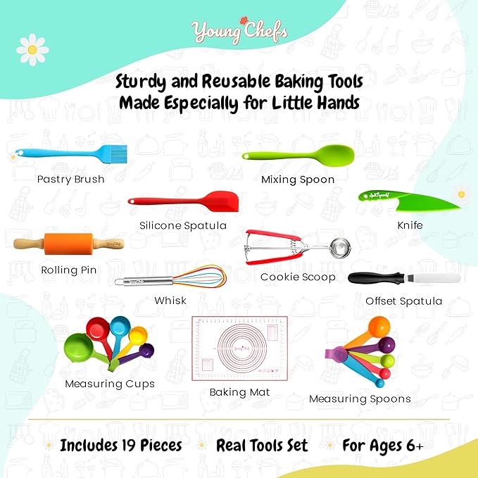 Young Chefs Cooking and Baking Set for Kids – 19 Pieces Real Kids Baking Set – Giftable Kids Baking Sets for Girls and Boys – Kids Cooking Set Real Tools