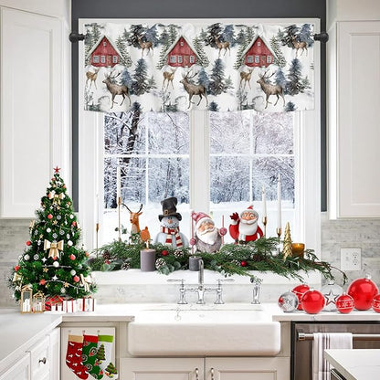 Vandarllin Christmas Valance Kitchen Curtains for Windows, Red Farmhouse Barn Rod Pocket Valances Window Treatments Elk Short Curtains for Bedroom/Living Room, 54" X 18" -1 Panel