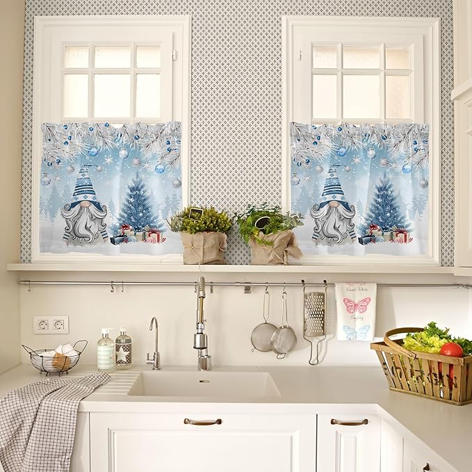 Vandarllin Christmas Gnome Kitchen Curtains and Valances Set, Winter Merry Christmas Tree Balls Windows Treatments Tiers Half/Short Curtains for Small Windows Cafe/Living Room/Bedroom 54x36 in Blue