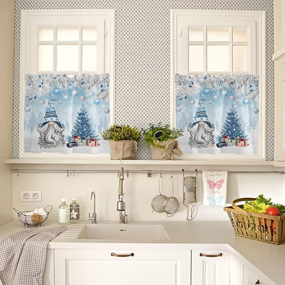 Vandarllin Christmas Gnome Kitchen Curtains and Valances Set, Winter Merry Christmas Tree Balls Windows Treatments Tiers Half/Short Curtains for Small Windows Cafe/Living Room/Bedroom 54x36 in Blue