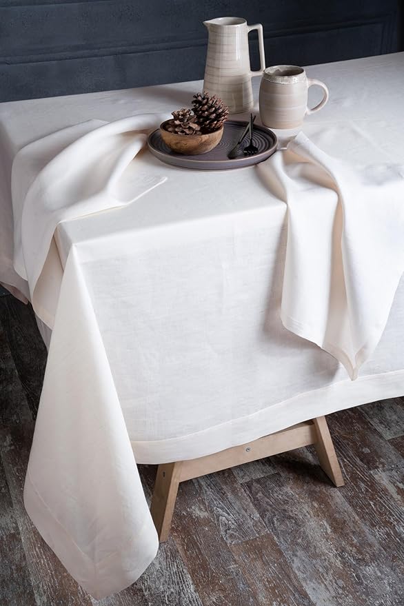 D'Moksha Homes Linen Tablecloth 60 x 60 Inch - 100% Pure Linen Ivory Tablecloth - Machine Washable Dining Table Throw - Ivory Tablecloth for Square Tables