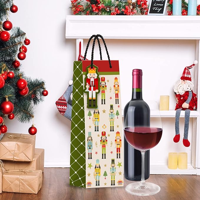 Whaline 12Pcs Christmas Wine Bottle Gift Bags Christmas Nutcracker Bottle Bag with Name Tag Xmas Paper Wine Bag with Handle for Winter Wedding Party Favor Hostess Gift Home Table Decoration