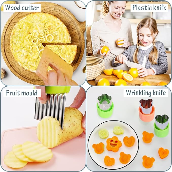 14 PCS Wooden Kids Kitchen Knife,4 PCS Plastic Knife Set Serrated Edges Toddler Knife,Crinkle Cutter,Peeler Potato Slicers,Cutting Board,Kitchen Children-DIY Mold,Kids Knives For Real Cooking