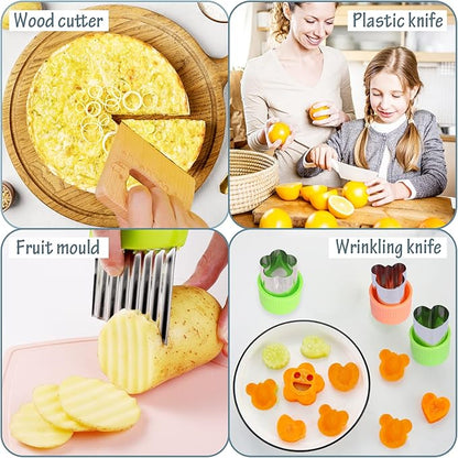 14 PCS Wooden Kids Kitchen Knife,4 PCS Plastic Knife Set Serrated Edges Toddler Knife,Crinkle Cutter,Peeler Potato Slicers,Cutting Board,Kitchen Children-DIY Mold,Kids Knives For Real Cooking