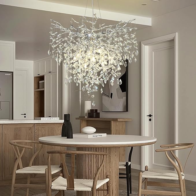 32 in Crystal Chandelier for Dining Room, Round Silver Tree Branches Chandeliers, Top K9 Crystal Chandelier, Modern Chandeliers for Kitchen,Foyer Entryway,Luxury Adjustable Hanging Chandelier