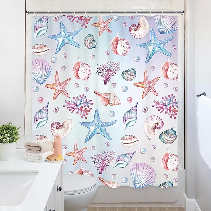 Starfish Seashell Shower Curtain 60Wx72L Inch Ocean Sea Underwater Coastal Nautical Marine Sealife Shower Curtain Bathroom Set Tropical Coral Plant Bath Curtain Bathtub Accessories Home Decor