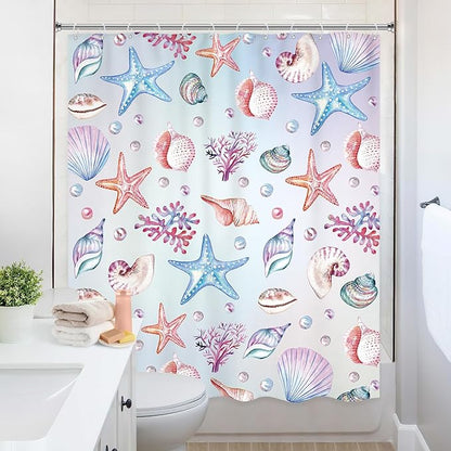 Starfish Seashell Shower Curtain 60Wx72L Inch Ocean Sea Underwater Coastal Nautical Marine Sealife Shower Curtain Bathroom Set Tropical Coral Plant Bath Curtain Bathtub Accessories Home Decor