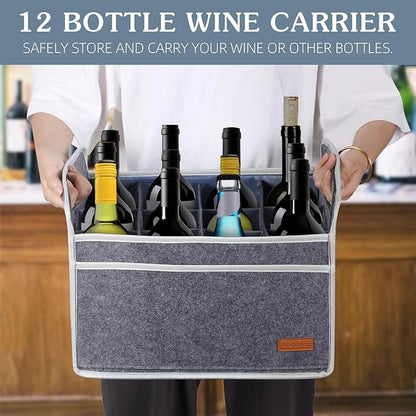 12 Bottle Wine Carrier, Thicken Felt Wine Carry Case Collapsible Wine Bottle Storage Box Liquor Bottle Tote with Handles for Travel, Party, Picnic (Gray)