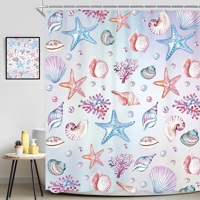 Starfish Seashell Shower Curtain 60Wx72L Inch Ocean Sea Underwater Coastal Nautical Marine Sealife Shower Curtain Bathroom Set Tropical Coral Plant Bath Curtain Bathtub Accessories Home Decor