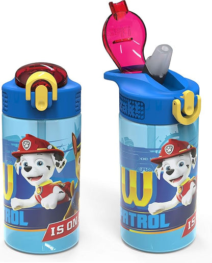 Zak Designs PAW Patrol Kids Water Bottle with Spout Cover and Built-in Carrying Loop, Durable Plastic, Leak-Proof Water Bottle Design for Travel (16 oz, 2-Pack, Non-BPA, Marshall)