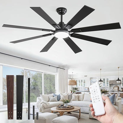 62 inch Large Ceiling Fans with Lights and Remote, Indoor/Outdoor Black Modern Ceiling Fan for Kitchen Living Room Patio, 6 Speed Reversible Quiet DC Motor, 3 CCT, Dual Finish 8 Blades