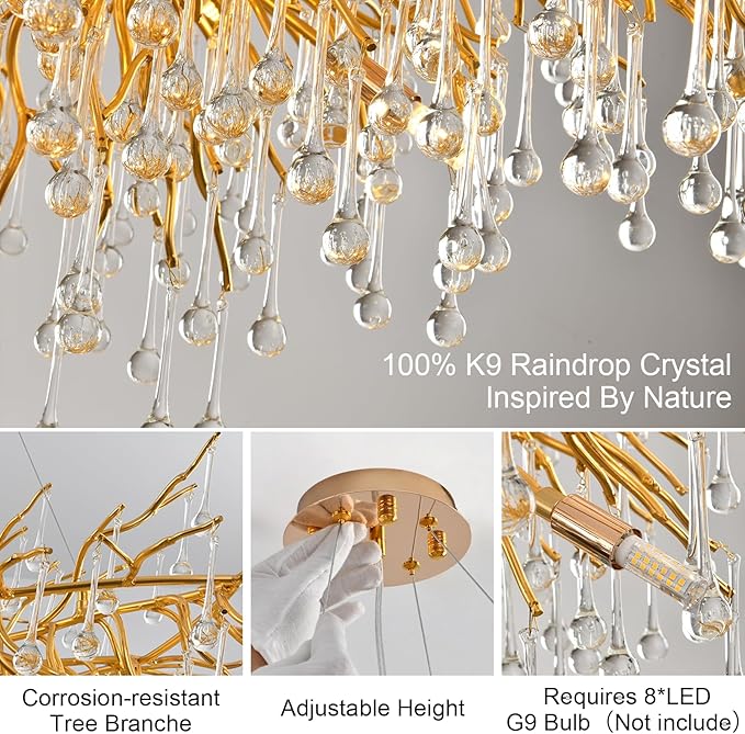 24 Inch Gold Chandelier,Modern Crystal Chandeliers for Dining Room,Round Branch Chandelier,Mini Ceiling Pendant Hanging Light Fixtures for Living Room,Bedrooms,Kitchen Island 8-Light