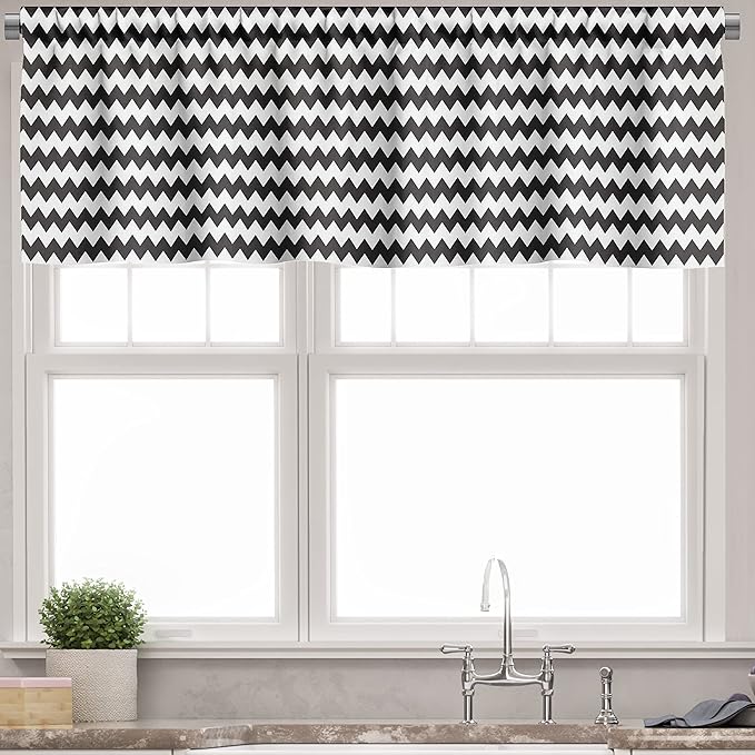 Ambesonne Chevron Valance & Tier Curtain 3 pcs Set, Zig Zags in Black and White Sharp Arrow Inspired Classic Retro Tile Monochrome, Window Treatments for Kitchen Room Decor, 55" x 45", Black Cream