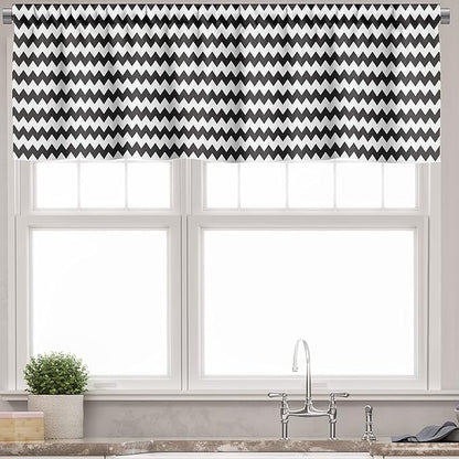 Ambesonne Chevron Valance & Tier Curtain 3 pcs Set, Zig Zags in Black and White Sharp Arrow Inspired Classic Retro Tile Monochrome, Window Treatments for Kitchen Room Decor, 55" x 30", Black Cream