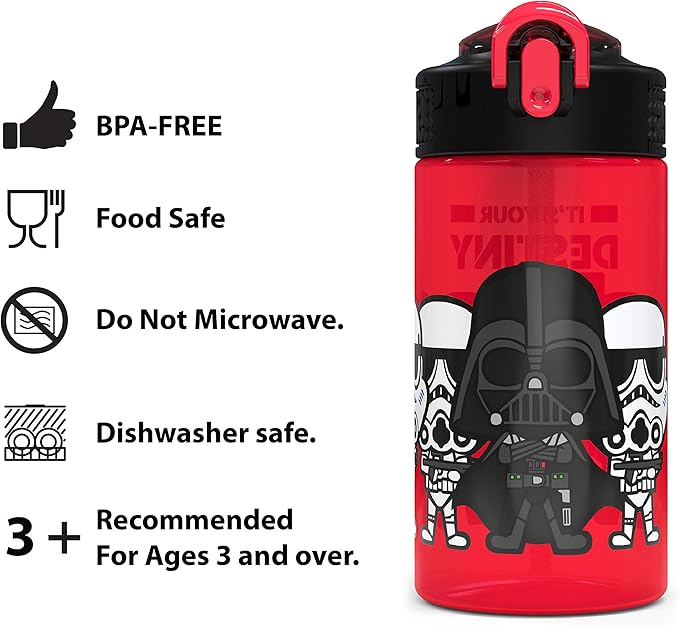 Zak Designs PP Park Straw Kids Durable Plastic Spout Cover and Built-in Carrying Loop, Leak-Proof Water Design for Travel, (16oz, 2pc Set), 2 Count (Pack of 1), Darth Vader Bottle 2pk