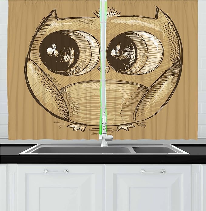 Ambesonne Cartoon Kitchen Curtains, Owl Sketch with Realistic Eyes and Very Tiny Feet Style Drawing Print, Window Drapes 2 Panel Set for Kitchen Cafe Decor, 55" x 36", Brown