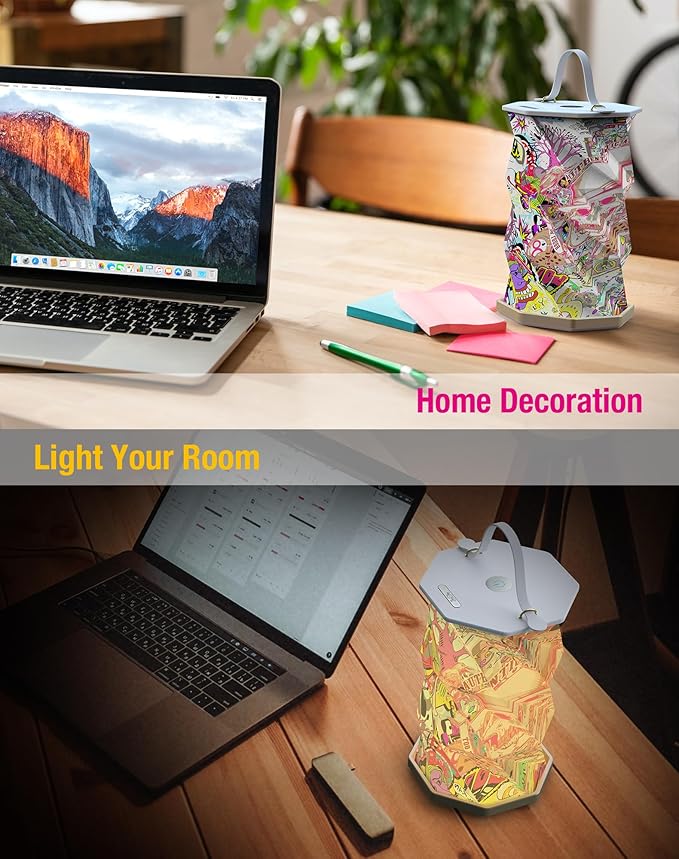 Battery Operated Lamp with Handle, Rotating Folding Lamp, Cyberpunk Portable Light, Folding Paper Lantern for Home, Office, Living Room