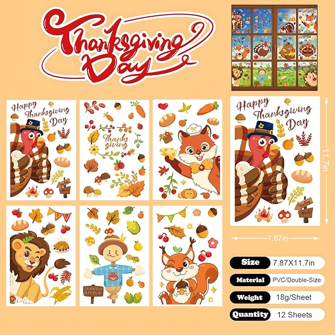 12 Sheets Thanksgiving Window Clings Fall Window Stickers Turkey Maple Leave Window Decoration Autumn Glass Decorations Window Decals for Home Office Classroom Party(Style B)