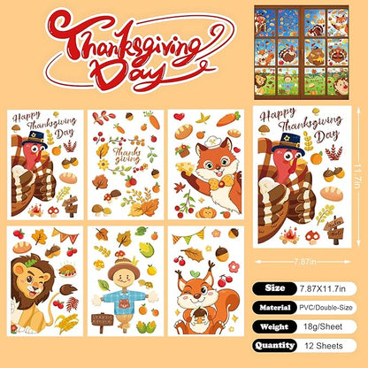 12 Sheets Thanksgiving Window Clings Fall Window Stickers Turkey Maple Leave Window Decoration Autumn Glass Decorations Window Decals for Home Office Classroom Party(Style B)