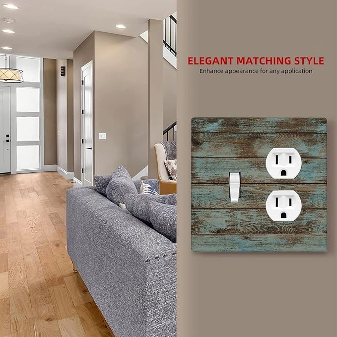 Vintage Green Wood Texture Combo Single Toggle 1 Duplex Outlet Light Switch Wall Plate Cover Decorative 2-Gang for Electrical Room Bathroom Bedroom Home Kitchen One Receptacle 4.5" x 4.6"