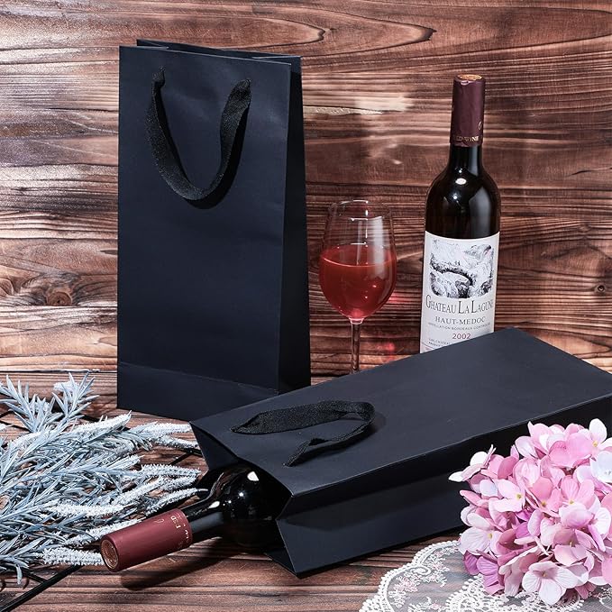 Yeaqee 50 Pack Wine Bags for Wine Double Bottles Gifts Bags 6.6" x 3.6" x 13.8" Craft Wine Bottle Wine Bags Bulk with Handles Reusable Paper Tumbler Wine Bags, Liquor Gift Bag with Handles(Black)